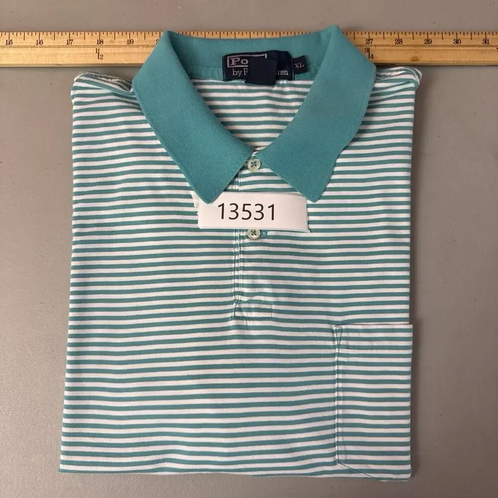 Polo Ralph Lauren Pocket Polo Shirt Mens XL Green White Striped Cotton Golf